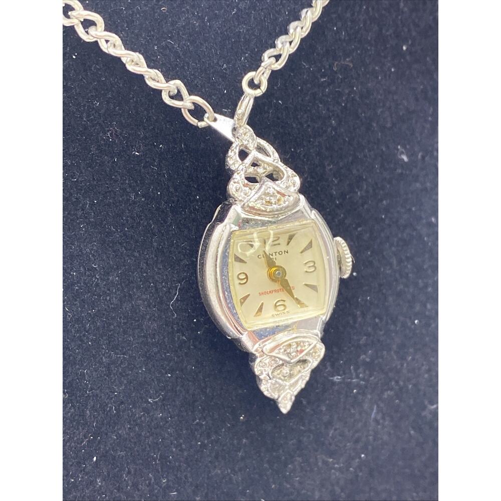 Clinton Womens Mechanical Wind Custom Gp Diamond Necklace Watch Works Running